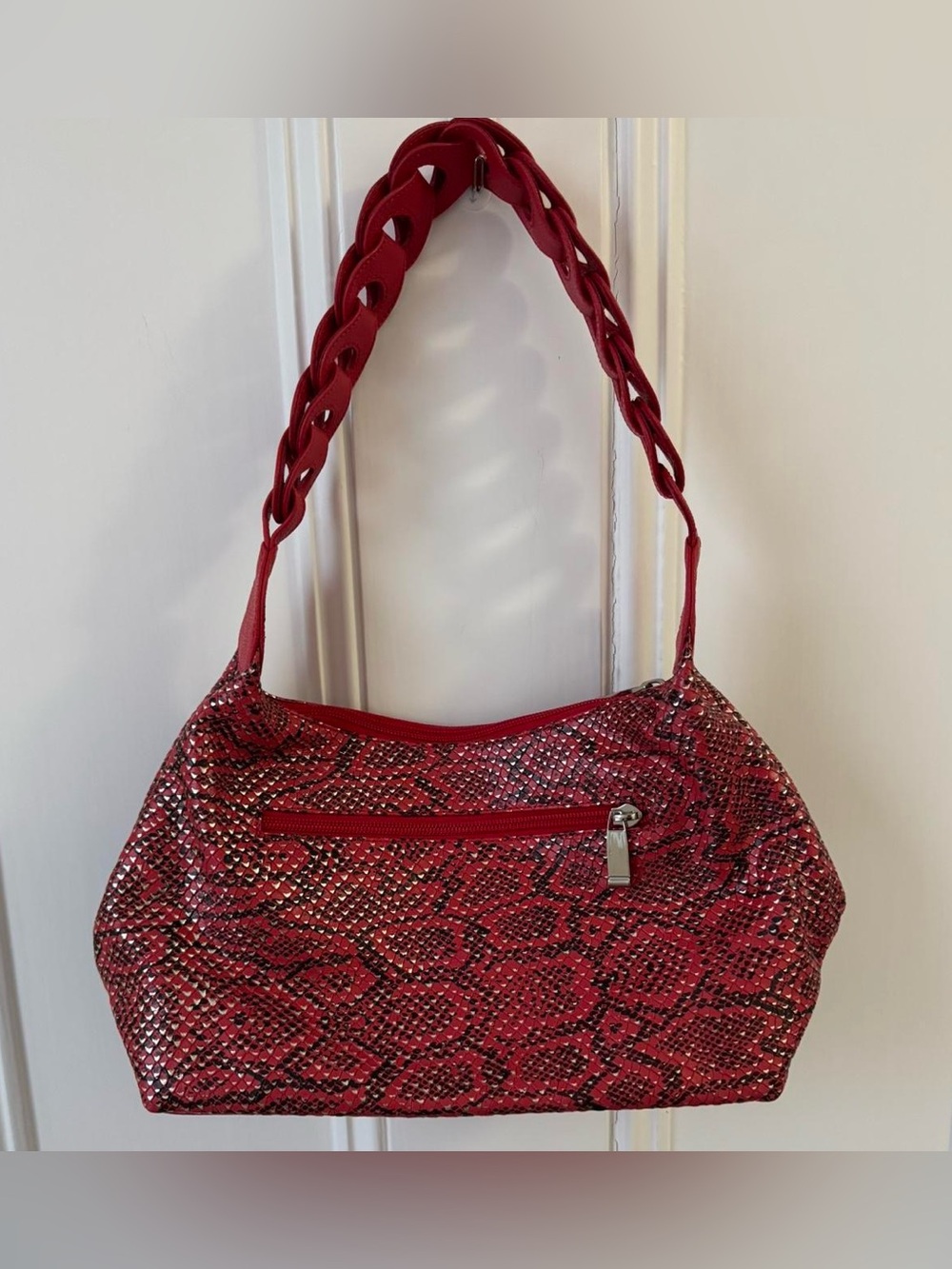 Red Snake-Print Shoulder Bag with Braided Strap
